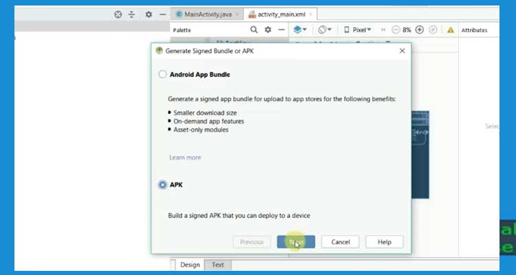 Generate Signed APK dialog box